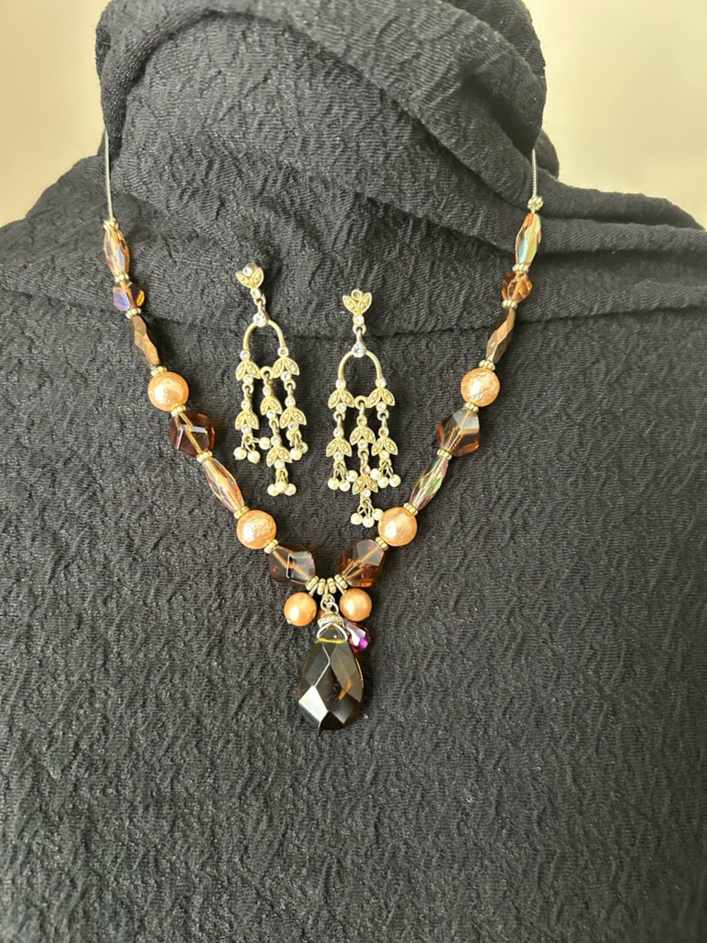 Gold-Tone Brown Crystal Teardrop Necklace & Earrings Set